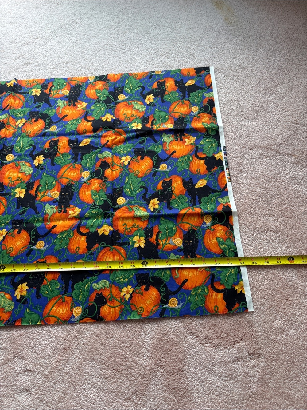 Halloween Black Cats & Pumpkins Cotton Fabric - Vibrant Orange and Green on Blue - Picture 4 of 6